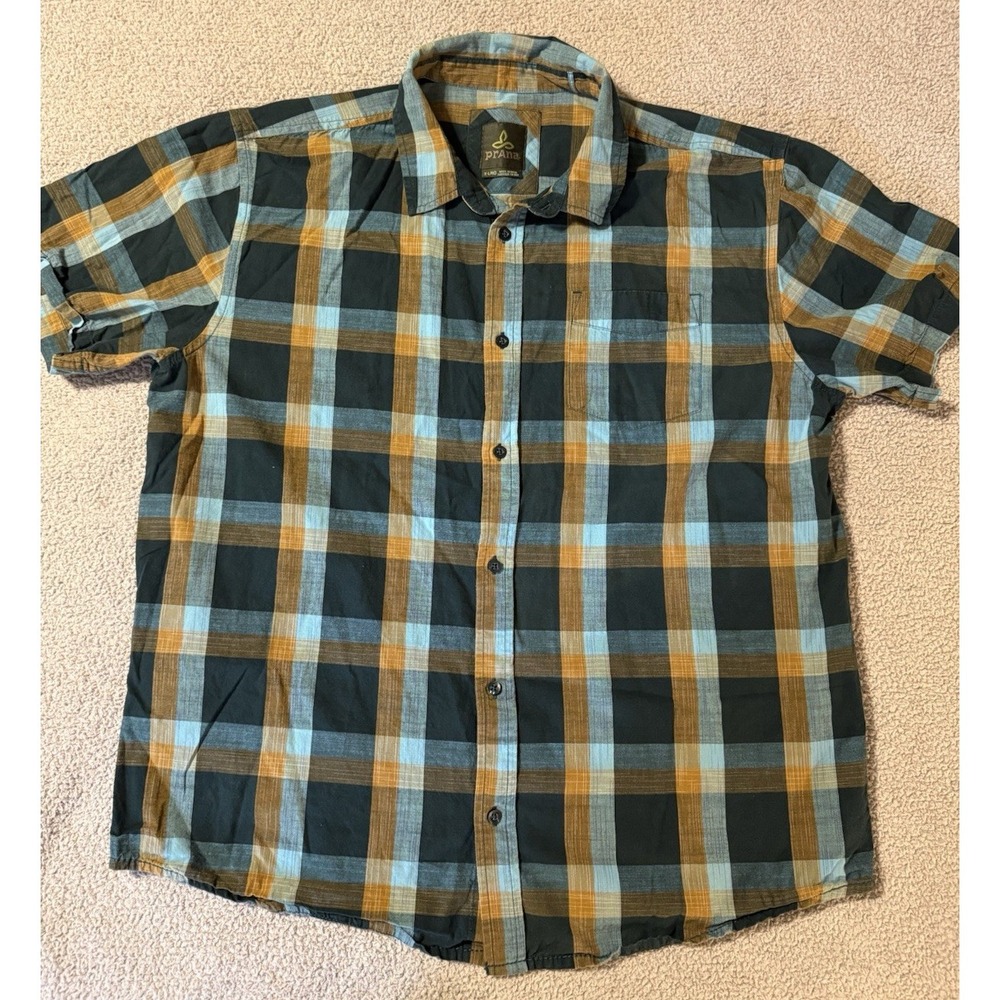 PRANA Men's Ecto Button Up Short Sleeve Green Plaid Shirt Size XL 100% Cotton